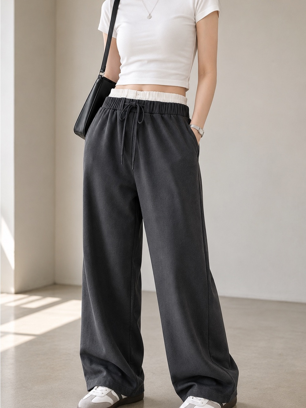 Korean Minimalist Wide Leg Trousers Double Waist Pull-On Tokyo Style S-M